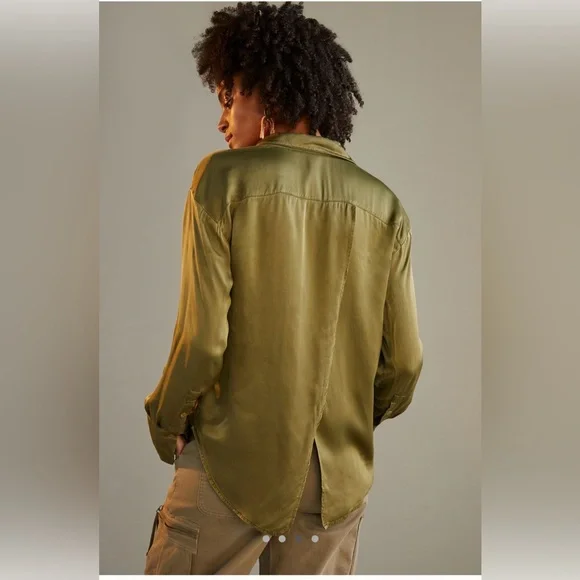 NWT Antropologie Sleek V-neck Blouse Olive Green M - Picture 2 of 5
